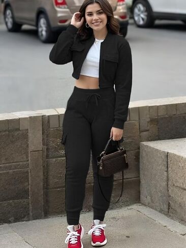 Womens 2 Piece Tracksuit, Ribbed Long Sleeve Crop Top and Jogging Cargo Sets with Pockets in Saudi Arabia