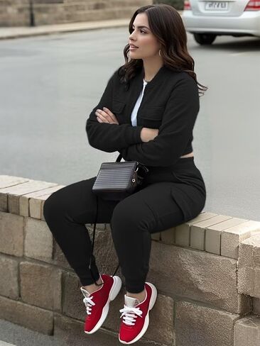 Womens 2 Piece Tracksuit, Ribbed Long Sleeve Crop Top and Jogging Cargo Sets with Pockets in Saudi Arabia