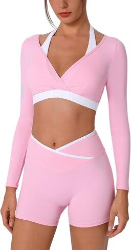 ABOCIW Womens Workout Sets Color Block Long Sleeve Crop Top with Built-in Bra Crossover Booty Shorts Yoga Gym Outfits in Saudi Arabia