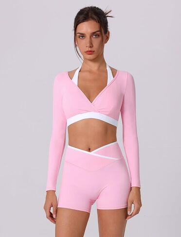 ABOCIW Womens Workout Sets Color Block Long Sleeve Crop Top with Built-in Bra Crossover Booty Shorts Yoga Gym Outfits in Saudi Arabia