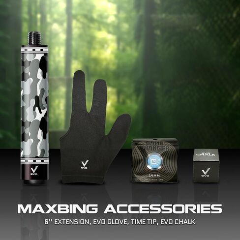 إصدار EVO CAMO Combo Maxbing - عصا حمام السباحة من الألياف الزجاجية، وصلة 3/8 * 10 دبابيس، طرف 12.5 مم، غلاف جلدي من الألياف الدقيقة، امتداد 6 بوصات، طرف الوقت، وقفاز، وطباشير. in Saudi Arabia