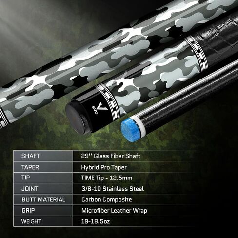 إصدار EVO CAMO Combo Maxbing - عصا حمام السباحة من الألياف الزجاجية، وصلة 3/8 * 10 دبابيس، طرف 12.5 مم، غلاف جلدي من الألياف الدقيقة، امتداد 6 بوصات، طرف الوقت، وقفاز، وطباشير. in Saudi Arabia