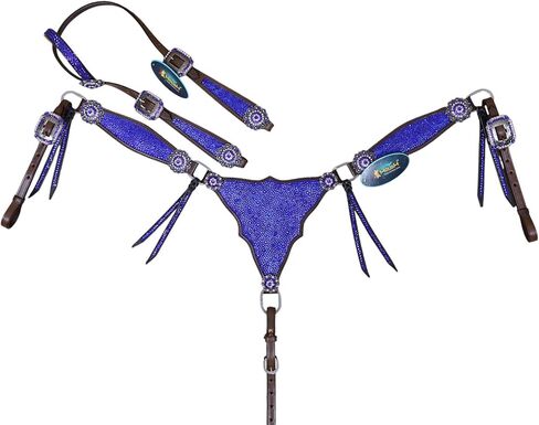 Western Headstall & Breast Collar Tack Set – Gladiator Style with Clyster Stones & Leather Fringe | Genuine Argentine Cow Leather | Antique Nickel Hardware in Kuwait