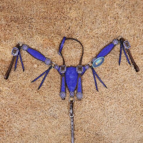 Western Headstall & Breast Collar Tack Set – Gladiator Style with Clyster Stones & Leather Fringe | Genuine Argentine Cow Leather | Antique Nickel Hardware in Kuwait
