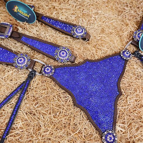 Western Headstall & Breast Collar Tack Set – Gladiator Style with Clyster Stones & Leather Fringe | Genuine Argentine Cow Leather | Antique Nickel Hardware in Kuwait