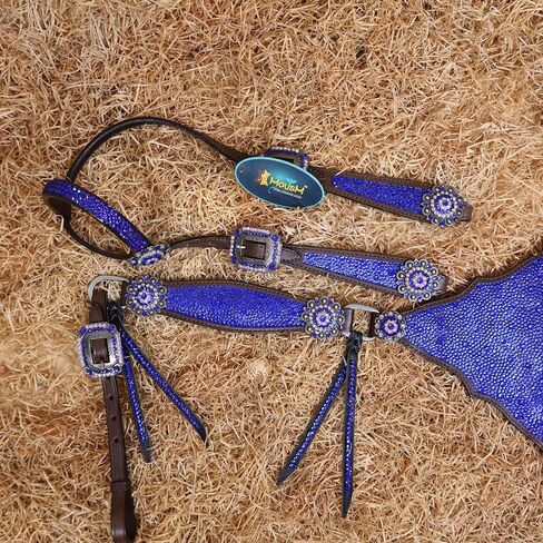 Western Headstall & Breast Collar Tack Set – Gladiator Style with Clyster Stones & Leather Fringe | Genuine Argentine Cow Leather | Antique Nickel Hardware in Kuwait