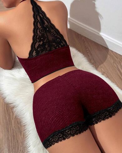 Women 2 Piece Knit Halter Lace Backless Crop Top and Shorts Set Y2K Stylish Casual Streetwear in Saudi Arabia