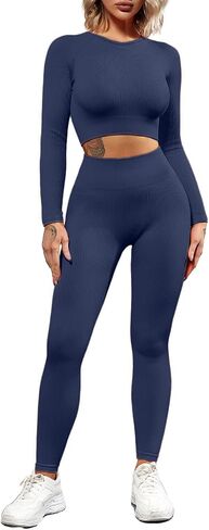 QINSEN Seamless Workout Outfits for Women 2 Piece Ribbed Long Sleeve Crop Top Tummy Control Leggings Sets in Saudi Arabia
