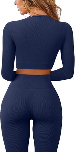 QINSEN Seamless Workout Outfits for Women 2 Piece Ribbed Long Sleeve Crop Top Tummy Control Leggings Sets in Saudi Arabia