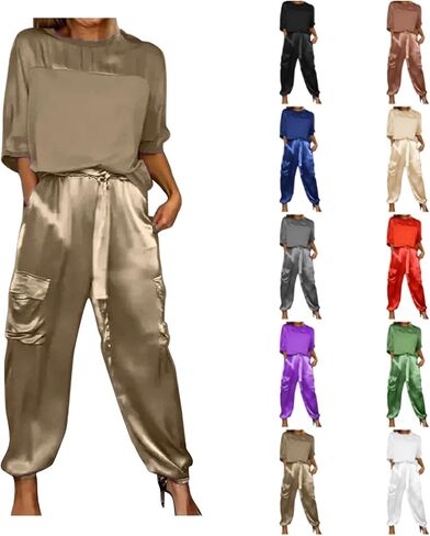 Aniywn Women Two Piece Outfits Sets Summer Satin Smooth Satin Half-Sleeved Top and Pants Set Women Clothing Work Going Out in Saudi Arabia