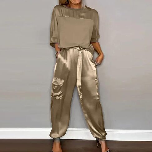 Aniywn Women Two Piece Outfits Sets Summer Satin Smooth Satin Half-Sleeved Top and Pants Set Women Clothing Work Going Out in Saudi Arabia