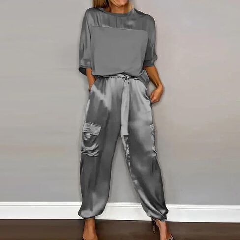 Aniywn Women Two Piece Outfits Sets Summer Satin Smooth Satin Half-Sleeved Top and Pants Set Women Clothing Work Going Out in Saudi Arabia