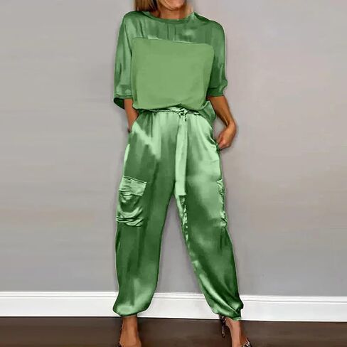 Aniywn Women Two Piece Outfits Sets Summer Satin Smooth Satin Half-Sleeved Top and Pants Set Women Clothing Work Going Out in Saudi Arabia