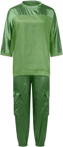 Aniywn Women Two Piece Outfits Sets Summer Satin Smooth Satin Half-Sleeved Top and Pants Set Women Clothing Work Going Out in Saudi Arabia