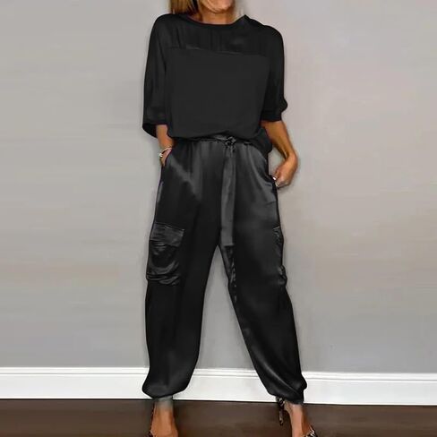 Aniywn Women Two Piece Outfits Sets Summer Satin Smooth Satin Half-Sleeved Top and Pants Set Women Clothing Work Going Out in Saudi Arabia