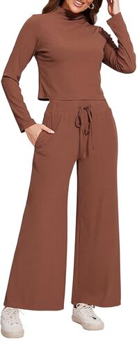 ROYLAMP Women Two Piece Outfits Mock Neck Long Sleeve Knit Crop Top Matching Sets Wide Leg Pants Fall & winter in Kuwait