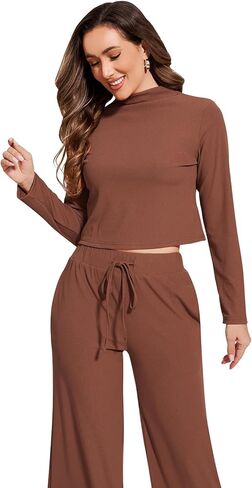 ROYLAMP Women Two Piece Outfits Mock Neck Long Sleeve Knit Crop Top Matching Sets Wide Leg Pants Fall & winter in Kuwait