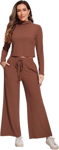 ROYLAMP Women Two Piece Outfits Mock Neck Long Sleeve Knit Crop Top Matching Sets Wide Leg Pants Fall & winter in Kuwait