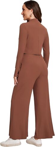 ROYLAMP Women Two Piece Outfits Mock Neck Long Sleeve Knit Crop Top Matching Sets Wide Leg Pants Fall & winter in Kuwait