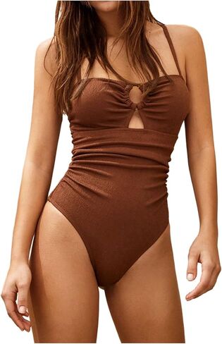SweatyRocks Women's Tummy Control One Piece Swimsuits Cut Out Ring Front Ruched Bathing Suits in Saudi Arabia