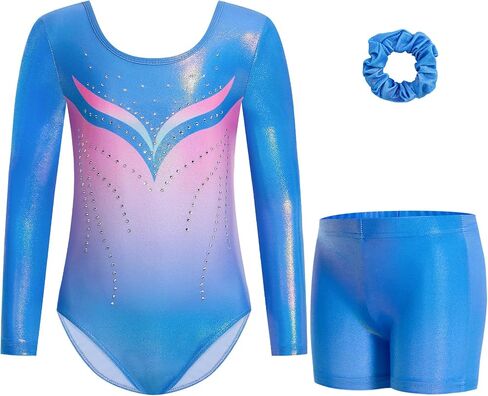 Gogokids Gymnastics Leotards for Girls Sparkly Rhinestone 3/4 Sleeve 3 PCS Ballet Outfit Sets Dancewear for 3-12 Years in Saudi Arabia