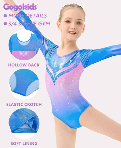 Gogokids Gymnastics Leotards for Girls Sparkly Rhinestone 3/4 Sleeve 3 PCS Ballet Outfit Sets Dancewear for 3-12 Years in Saudi Arabia