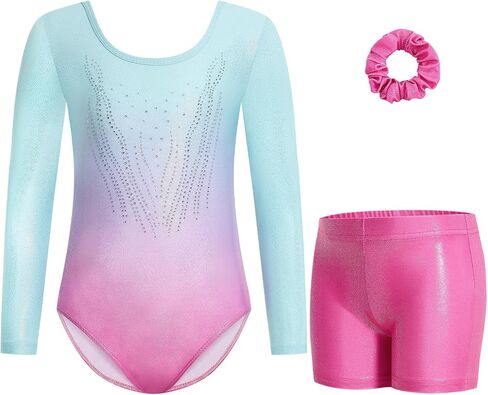 Gogokids Gymnastics Leotards for Girls Sparkly Rhinestone 3/4 Sleeve 3 PCS Ballet Outfit Sets Dancewear for 3-12 Years in Saudi Arabia