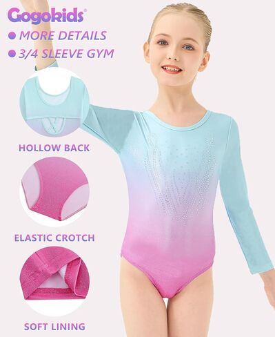 Gogokids Gymnastics Leotards for Girls Sparkly Rhinestone 3/4 Sleeve 3 PCS Ballet Outfit Sets Dancewear for 3-12 Years in Saudi Arabia