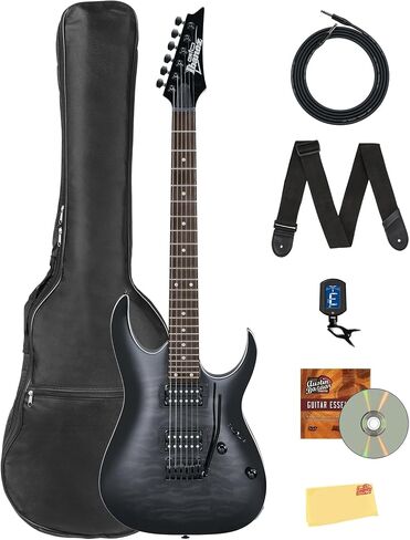 جيتار كهربائي Ibanez GRGA120QA RGA Gio - حزمة أشعة الشمس السوداء الشفافة مع مكبر للصوت، وحقيبة الحفلة، والموالف، وكابل الآلة، واللقطات، وأقراص DVD التعليمية لأوستن بازار، وقماش تلميع in Saudi Arabia