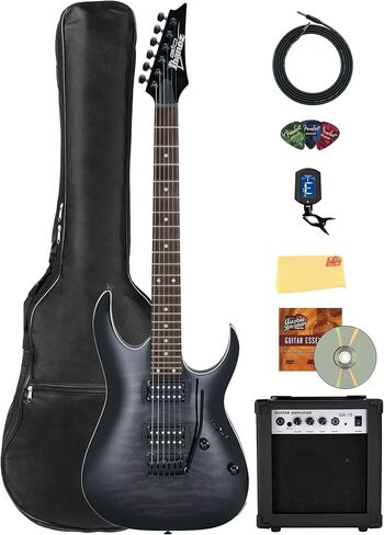 جيتار كهربائي Ibanez GRGA120QA RGA Gio - حزمة أشعة الشمس السوداء الشفافة مع مكبر للصوت، وحقيبة الحفلة، والموالف، وكابل الآلة، واللقطات، وأقراص DVD التعليمية لأوستن بازار، وقماش تلميع in Saudi Arabia