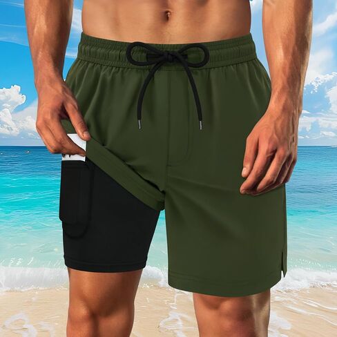 Mens Swim Trunks with Compression Liner Mens Bathing Suit 7 Inch Inseam Quick Drying Men's Board Shorts Men's Swimwear in Saudi Arabia