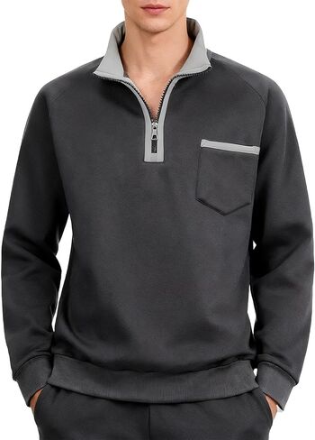 Mens Quarter Zip Pullover Sweatshirt Long Sleeve Casual Warm Fleece Stand Collar Sweatshirts for Men in Kuwait