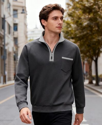 Mens Quarter Zip Pullover Sweatshirt Long Sleeve Casual Warm Fleece Stand Collar Sweatshirts for Men in Kuwait
