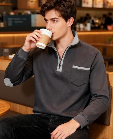 Mens Quarter Zip Pullover Sweatshirt Long Sleeve Casual Warm Fleece Stand Collar Sweatshirts for Men in Kuwait