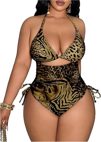WDIRARA Women's Plus Size Leopard Halter One Piece Swimsuit Cut Out Tie Side Backless Swimwear in Saudi Arabia