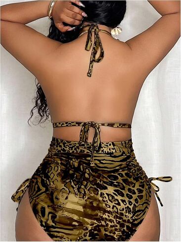 WDIRARA Women's Plus Size Leopard Halter One Piece Swimsuit Cut Out Tie Side Backless Swimwear in Saudi Arabia