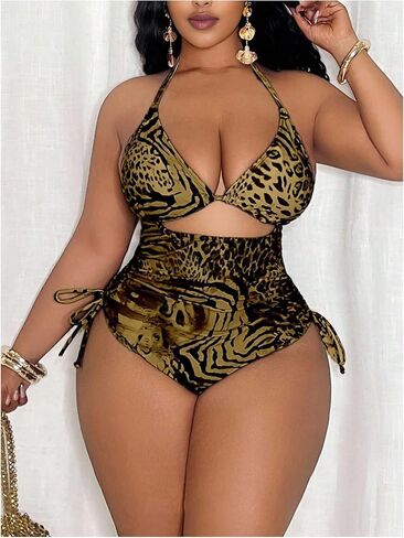 WDIRARA Women's Plus Size Leopard Halter One Piece Swimsuit Cut Out Tie Side Backless Swimwear in Saudi Arabia