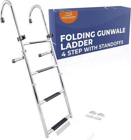 White Water - 4 Step Gunwale-Mounted Removable Ladder w Standoffs | Marine 304 Stainless Steel Heavy-Duty Boarding Ladder | Corrosion-Resistant w/Deck Mount Brackets | Non-Slip for Boats & Yachts in Saudi Arabia