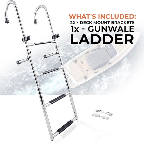 White Water - 4 Step Gunwale-Mounted Removable Ladder w Standoffs | Marine 304 Stainless Steel Heavy-Duty Boarding Ladder | Corrosion-Resistant w/Deck Mount Brackets | Non-Slip for Boats & Yachts in Saudi Arabia