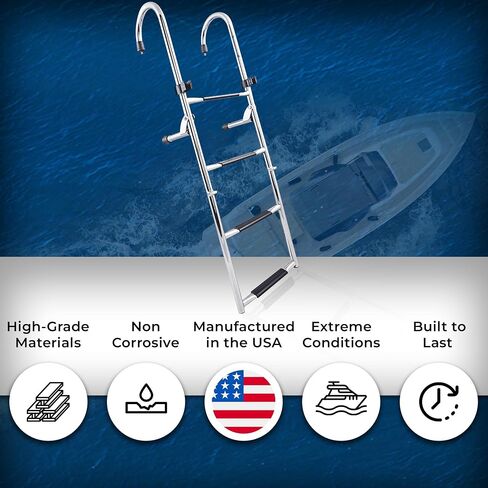 White Water - 4 Step Gunwale-Mounted Removable Ladder w Standoffs | Marine 304 Stainless Steel Heavy-Duty Boarding Ladder | Corrosion-Resistant w/Deck Mount Brackets | Non-Slip for Boats & Yachts in Saudi Arabia