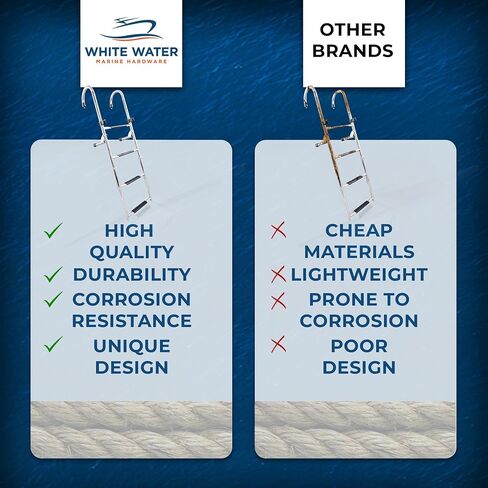 White Water - 4 Step Gunwale-Mounted Removable Ladder w Standoffs | Marine 304 Stainless Steel Heavy-Duty Boarding Ladder | Corrosion-Resistant w/Deck Mount Brackets | Non-Slip for Boats & Yachts in Saudi Arabia