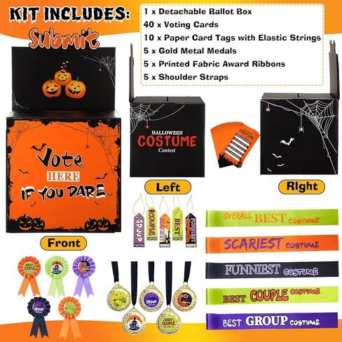 مجموعة صناديق اقتراع لأزياء حفلات الهالوين مكونة من 66 قطعة من Outus، صندوق تصويت قابل للفصل، 40 بطاقة تصويت، 10 بطاقات ورقية، 5 ميداليات معدنية ذهبية، 5 أشرطة جوائز قماشية، 5 أشرطة كتف متطابقة in Kuwait