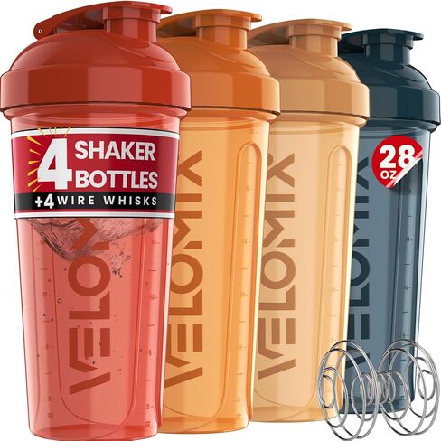 VELOMIX -4 PACK- 28 oz Protein Shaker Bottle for Protein Mixes - 4x Wire Whisk | Leak Proof Shaker Cups for Protein Shakes | Protein Shaker Bottle Pack | Protein Shake Cup (Brown) in Saudi Arabia