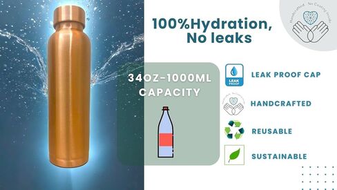 Copper Bottle (34oz/1000ml) Unique Large,100% Pure Copper, Handmade Bottle for Drinking, Heavy Duty & Leak-proof For Home, Office, Yoga and Gifting in Saudi Arabia