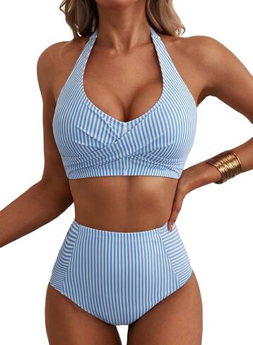 Herseas Women's High Waisted 2 Piece Bikini Sets Halter Patch Pocket Swimsuits Striped Bathing Suit Beach Swimwear 2026 in Saudi Arabia