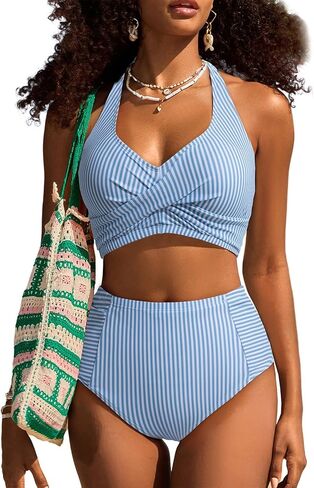 Herseas Women's High Waisted 2 Piece Bikini Sets Halter Patch Pocket Swimsuits Striped Bathing Suit Beach Swimwear 2026 in Saudi Arabia