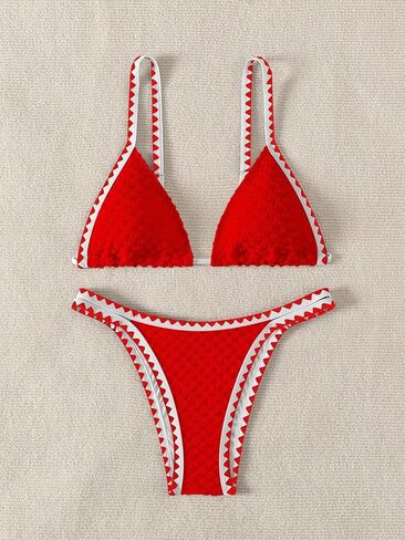 Women's Triangle V Neck Bikini Set Color Block Thong Swimsuits 2 Piece Textured Bathing Suits in Saudi Arabia