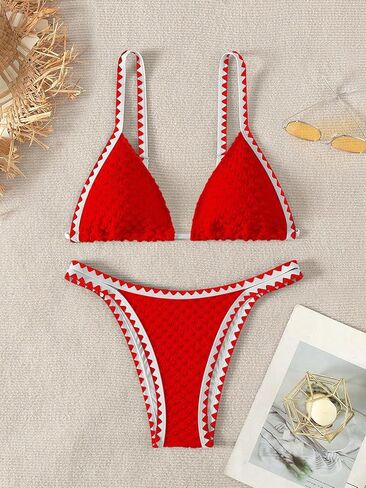 Women's Triangle V Neck Bikini Set Color Block Thong Swimsuits 2 Piece Textured Bathing Suits in Saudi Arabia