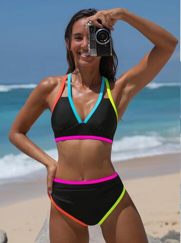 popvil High Waisted Bikini Sets: Neon Swimsuit for Women Tummy Control Push Up Two Piece Bathing Suits in Saudi Arabia