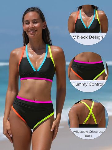 popvil High Waisted Bikini Sets: Neon Swimsuit for Women Tummy Control Push Up Two Piece Bathing Suits in Saudi Arabia